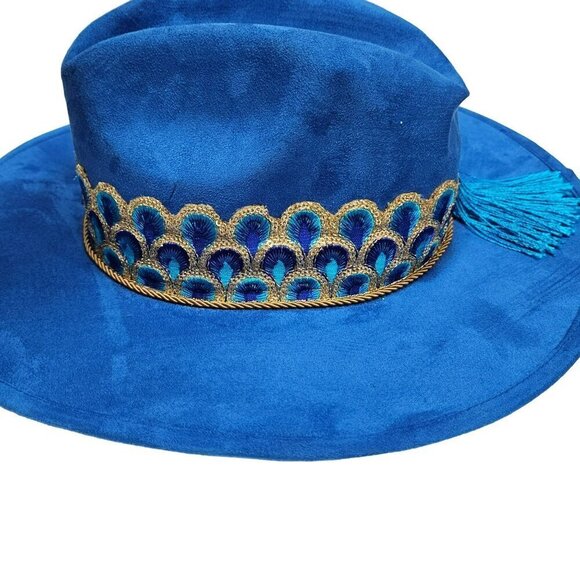 Peacock Royal Blue Velvet Cowboy Wide Brim Hat Tassel Embroidered Ribbon‎ Band M main image 4